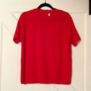 Vintage Red Short Sleeve Knit Top Crochet Neck Retro Medium
